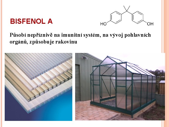 BISFENOL A Působí nepříznivě na imunitní systém, na vývoj pohlavních orgánů, způsobuje rakovinu 