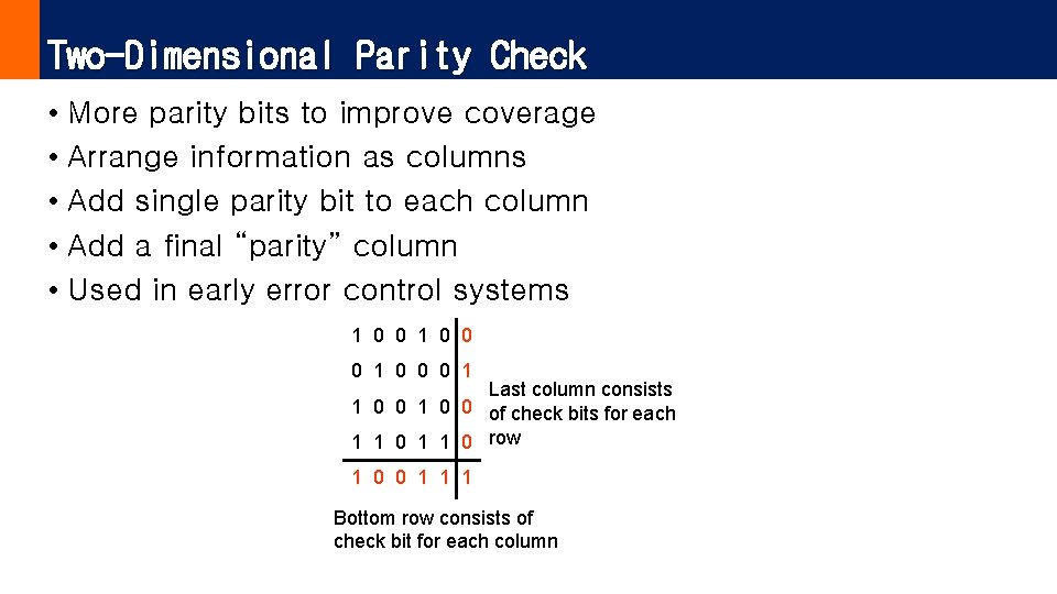 Two-Dimensional Parity Check • More parity bits to improve coverage • Arrange information as