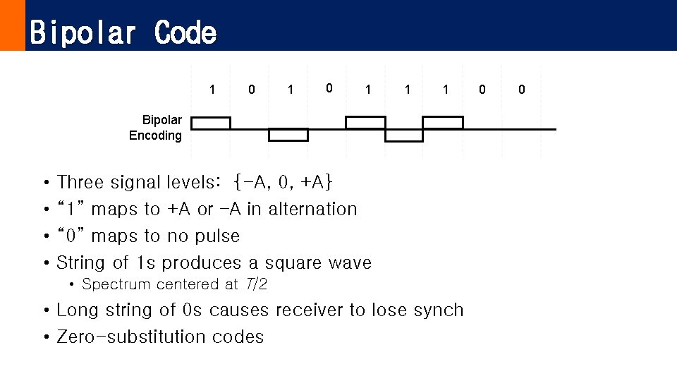 Bipolar Code 1 0 1 1 1 Bipolar Encoding • • Three signal levels: