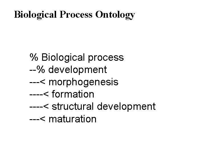 Biological Process Ontology % Biological process --% development ---< morphogenesis ----< formation ----< structural