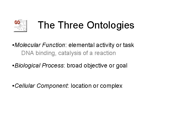 The Three Ontologies • Molecular Function: elemental activity or task DNA binding, catalysis of