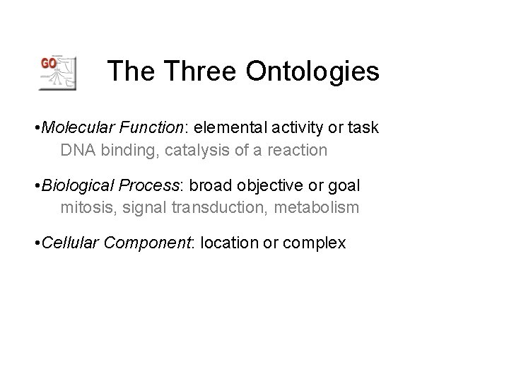 The Three Ontologies • Molecular Function: elemental activity or task DNA binding, catalysis of