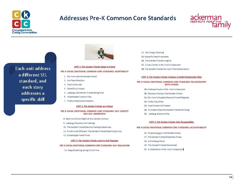 Addresses Pre-K Common Core Standards Each unit address a different SEL standard, and each Addresses Pre-K Common Core Standards Each unit address a different SEL standard, and each
