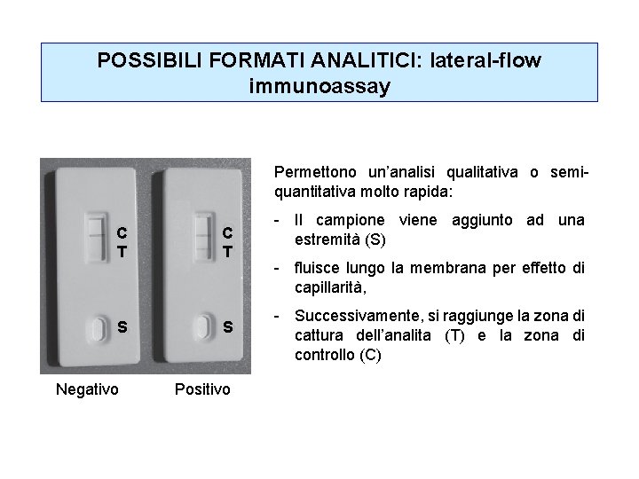 POSSIBILI FORMATI ANALITICI: lateral-flow immunoassay Permettono un’analisi qualitativa o semiquantitativa molto rapida: C T
