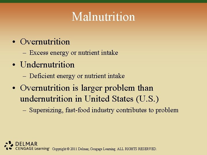 Malnutrition • Overnutrition – Excess energy or nutrient intake • Undernutrition – Deficient energy Malnutrition • Overnutrition – Excess energy or nutrient intake • Undernutrition – Deficient energy