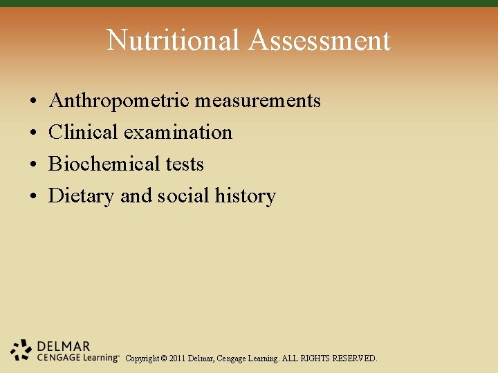 Nutritional Assessment • • Anthropometric measurements Clinical examination Biochemical tests Dietary and social history Nutritional Assessment • • Anthropometric measurements Clinical examination Biochemical tests Dietary and social history