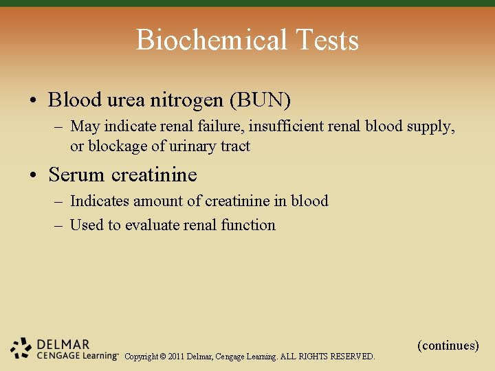 Biochemical Tests • Blood urea nitrogen (BUN) – May indicate renal failure, insufficient renal Biochemical Tests • Blood urea nitrogen (BUN) – May indicate renal failure, insufficient renal