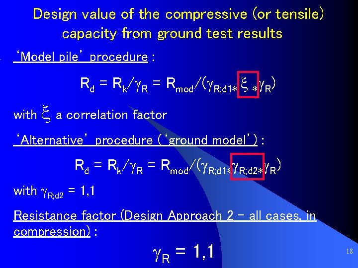 Design value of the compressive (or tensile) capacity from ground test results ‘Model pile’