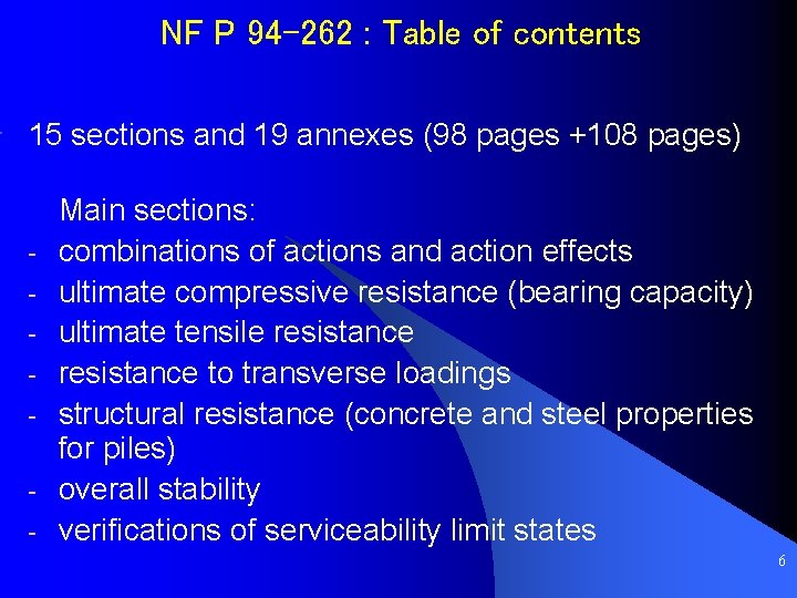 NF P 94 -262 : Table of contents 15 sections and 19 annexes (98