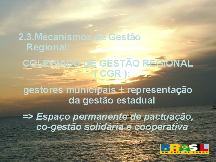 2. 3. Mecanismos de Gestão Regional: COLEGIADO DE GESTÃO REGIONAL ( CGR ): gestores