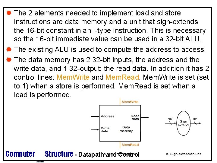 ® The 2 elements needed to implement load and store instructions are data memory ® The 2 elements needed to implement load and store instructions are data memory