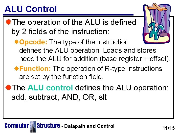 ALU Control ®The operation of the ALU is defined by 2 fields of the ALU Control ®The operation of the ALU is defined by 2 fields of the