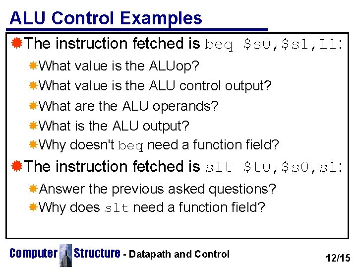 ALU Control Examples ®The instruction fetched is beq $s 0, $s 1, L 1: ALU Control Examples ®The instruction fetched is beq $s 0, $s 1, L 1: