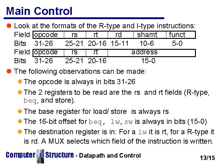 Main Control ® Look at the formats of the R-type and I-type instructions: Field Main Control ® Look at the formats of the R-type and I-type instructions: Field