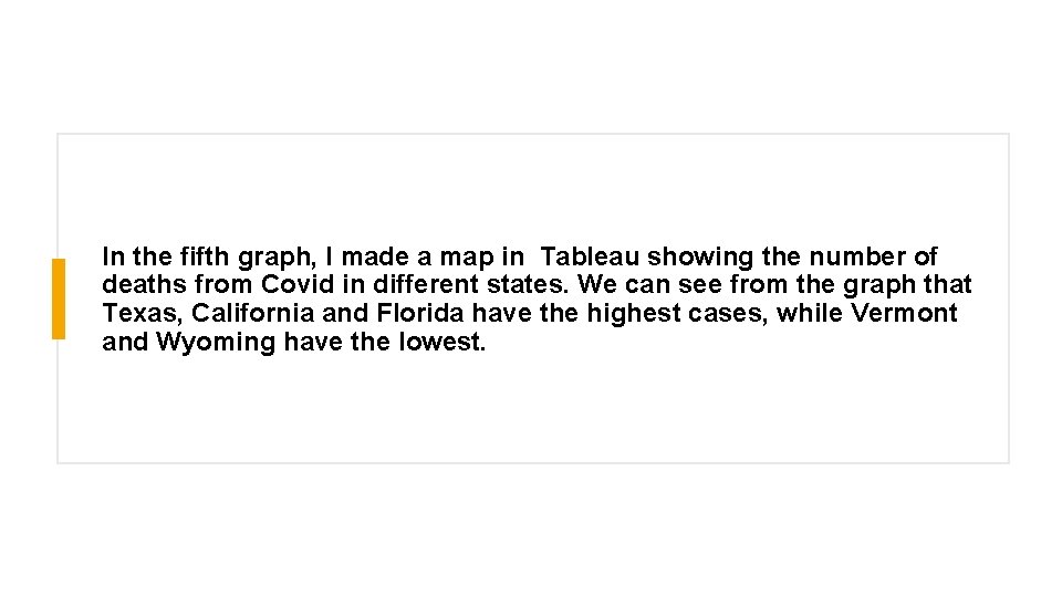 In the fifth graph, I made a map in Tableau showing the number of In the fifth graph, I made a map in Tableau showing the number of