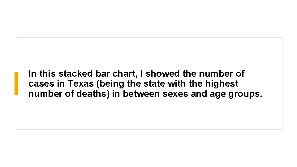 In this stacked bar chart, I showed the number of cases in Texas (being In this stacked bar chart, I showed the number of cases in Texas (being