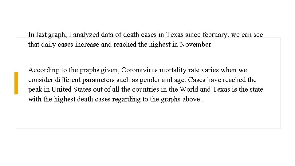 In last graph, I analyzed data of death cases in Texas since february. we In last graph, I analyzed data of death cases in Texas since february. we