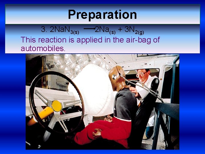Preparation 3. 2 Na. N 3(s) 2 Na(s) + 3 N 2(g) This reaction