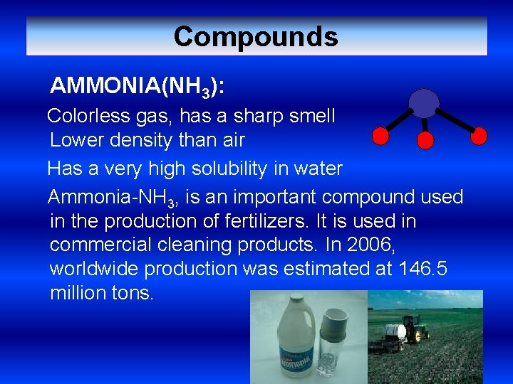 Compounds AMMONIA(NH 3): Colorless gas, has a sharp smell Lower density than air Has