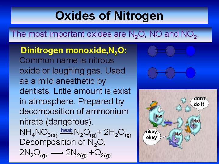 Oxides of Nitrogen The most important oxides are N 2 O, NO and NO
