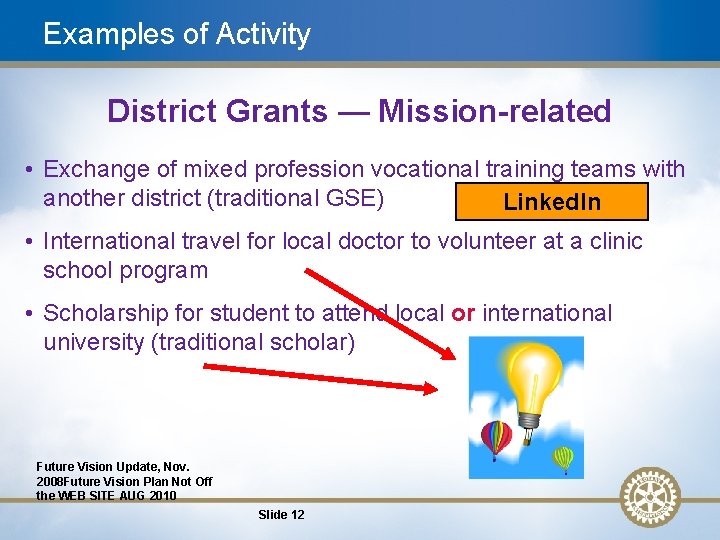 Examples of Activity District Grants — Mission-related • Exchange of mixed profession vocational training