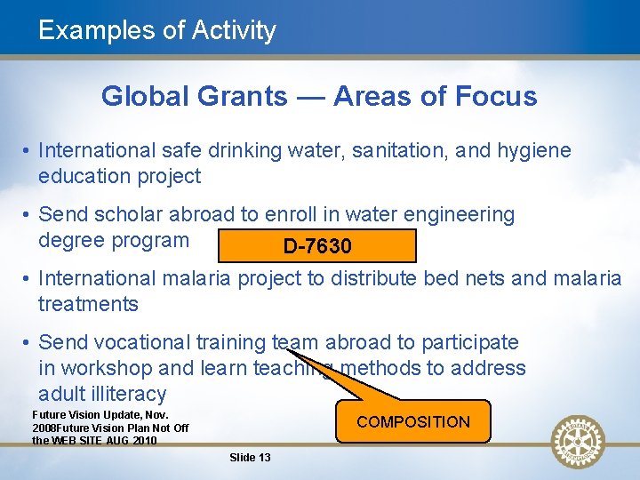 Examples of Activity Global Grants — Areas of Focus • International safe drinking water,