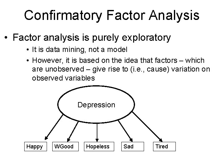 Confirmatory Factor Analysis • Factor analysis is purely exploratory • It is data mining,