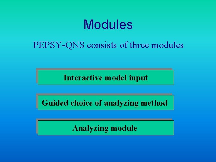 Modules PEPSY-QNS consists of three modules Interactive model input Guided choice of analyzing method