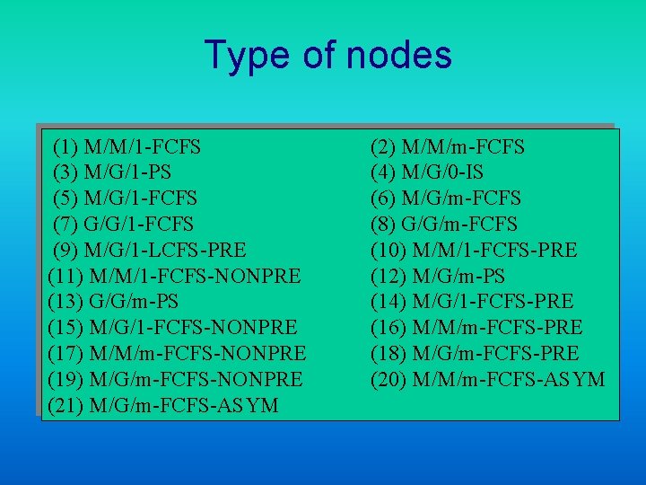 Type of nodes (1) M/M/1 -FCFS (3) M/G/1 -PS (5) M/G/1 -FCFS (7) G/G/1