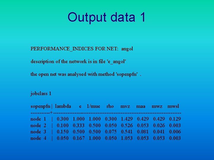 Output data 1 PERFORMANCE_INDICES FOR NET: angol description of the network is in file