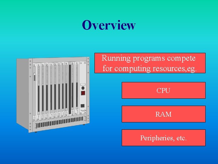 Overview Running programs compete for computing resources, eg. CPU RAM Peripheries, etc. 