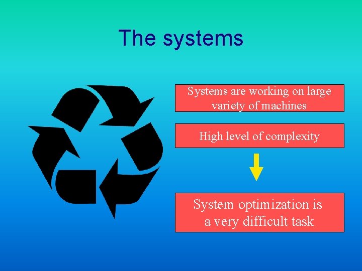 The systems Systems are working on large variety of machines High level of complexity