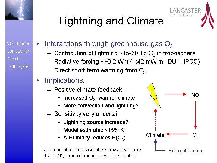 Lightning and Climate NOx Source Composition Climate Earth System • Interactions through greenhouse gas