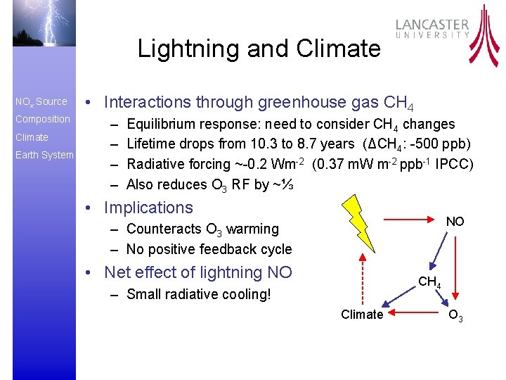 Lightning and Climate NOx Source Composition Climate Earth System • Interactions through greenhouse gas
