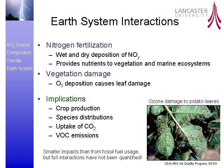 Earth System Interactions NOx Source Composition Climate Earth System • Nitrogen fertilization – Wet