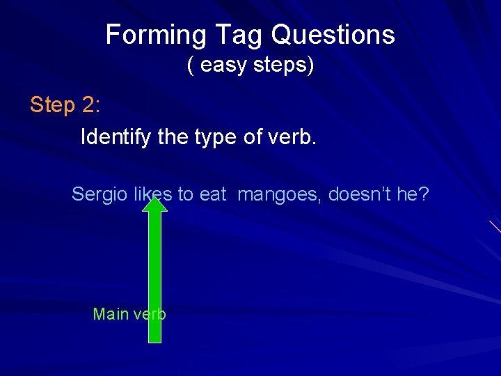 Forming Tag Questions ( easy steps) Step 2: Identify the type of verb. Sergio