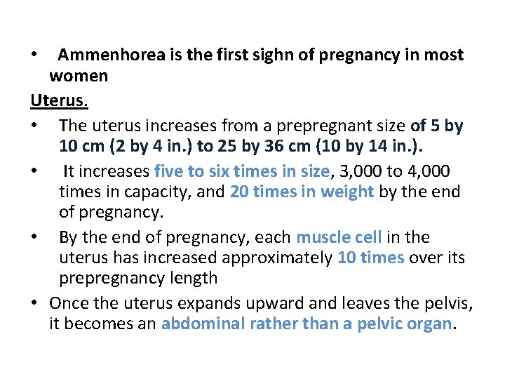 Ammenhorea is the first sighn of pregnancy in most women Uterus. • The uterus