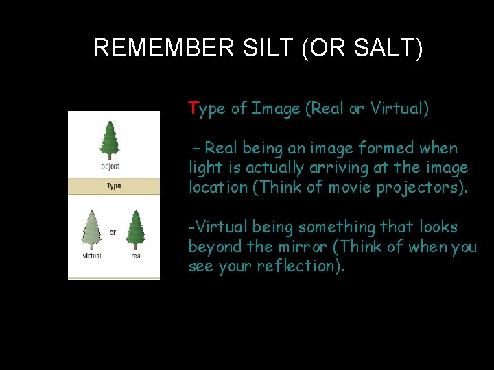 REMEMBER SILT (OR SALT) Type of Image (Real or Virtual) – Real being an