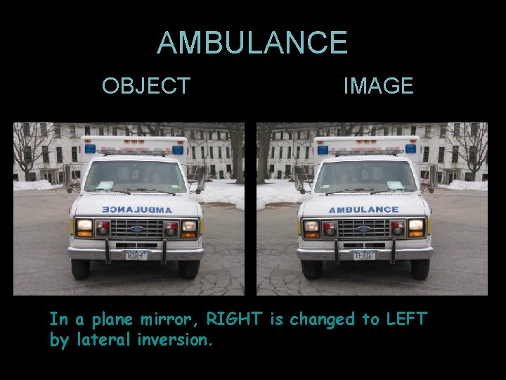 AMBULANCE OBJECT IMAGE In a plane mirror, RIGHT is changed to LEFT by lateral