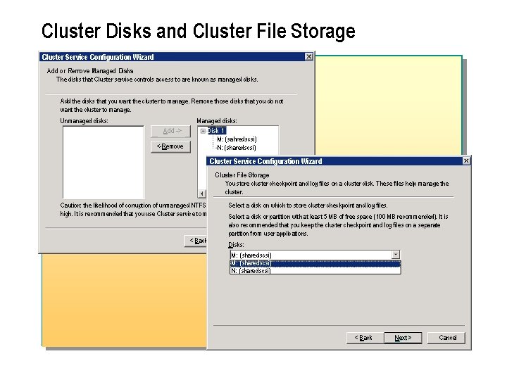 Cluster Disks and Cluster File Storage Cluster Service Configuration Wizard Add or Remove Managed