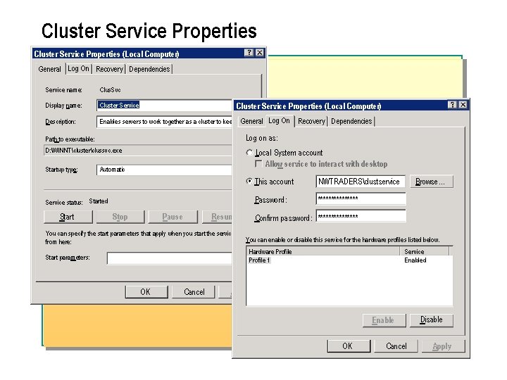 Cluster Service Properties (Local Computer) General Log On Recovery Dependencies Service name: Clus. Svc
