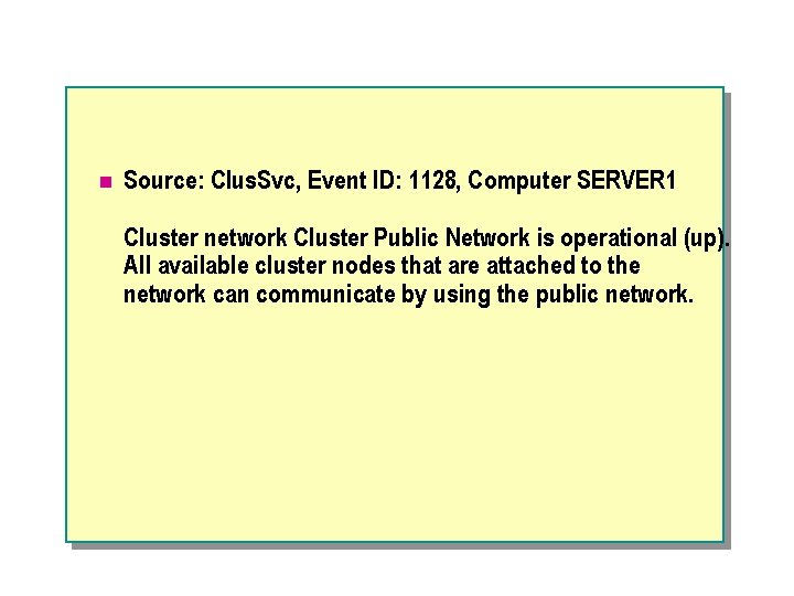 n Source: Clus. Svc, Event ID: 1128, Computer SERVER 1 Cluster network Cluster Public