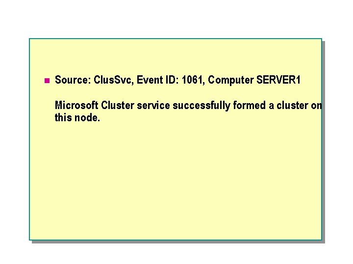 n Source: Clus. Svc, Event ID: 1061, Computer SERVER 1 Microsoft Cluster service successfully