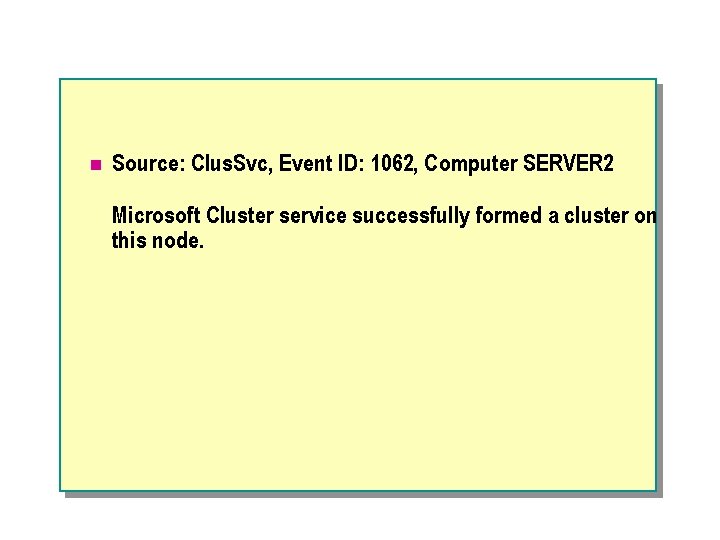 n Source: Clus. Svc, Event ID: 1062, Computer SERVER 2 Microsoft Cluster service successfully