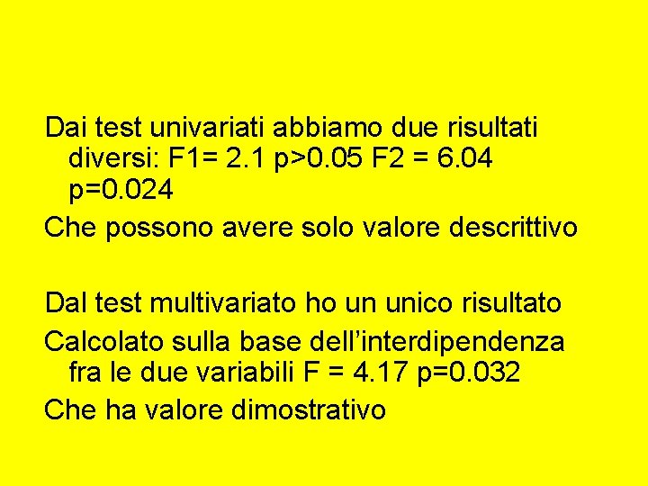 Dai test univariati abbiamo due risultati diversi: F 1= 2. 1 p>0. 05 F Dai test univariati abbiamo due risultati diversi: F 1= 2. 1 p>0. 05 F