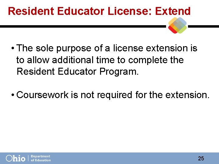 Resident Educator License: Extend • The sole purpose of a license extension is to