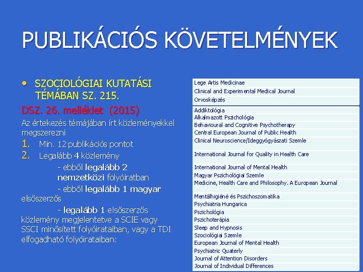 PUBLIKÁCIÓS KÖVETELMÉNYEK • SZOCIOLÓGIAI KUTATÁSI TÉMÁBAN SZ. 215. DSZ. 26. melléklet (2015) Az értekezés