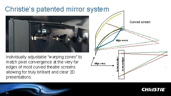 Christie’s patented mirror system Curved screen 11 Edge view Screen edges Individually adjustable “warping