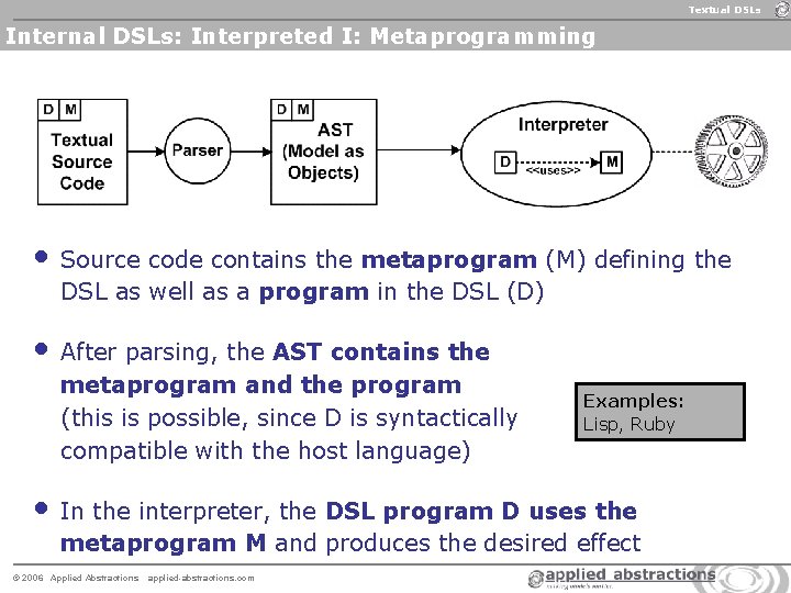 Textual DSLs Internal DSLs: Interpreted I: Metaprogramming • Source code contains the metaprogram (M) Textual DSLs Internal DSLs: Interpreted I: Metaprogramming • Source code contains the metaprogram (M)