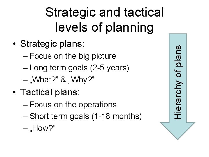  • Strategic plans: – Focus on the big picture – Long term goals